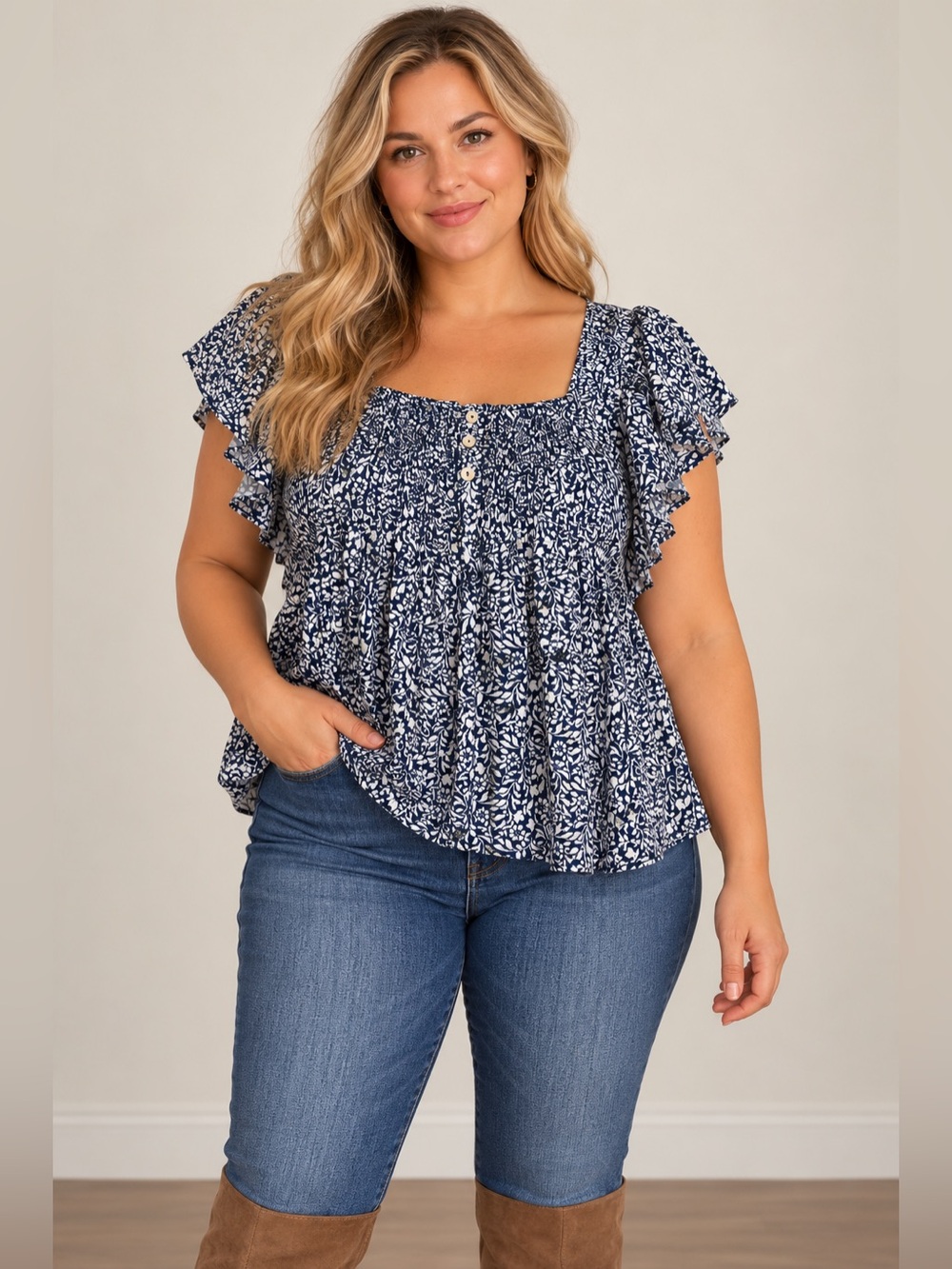 Draper James Floral Smocked Peplum Top Navy & White Size XL